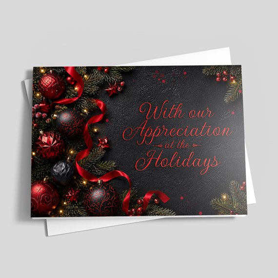 holiday card design with ornaments and greenery