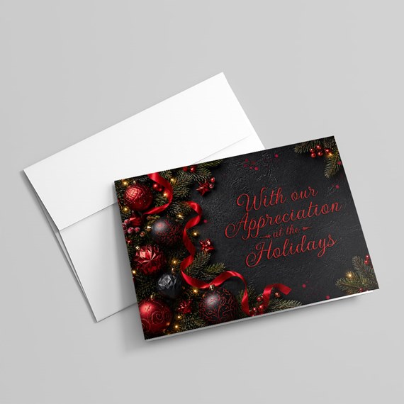 holiday card with decorative ornaments and text area