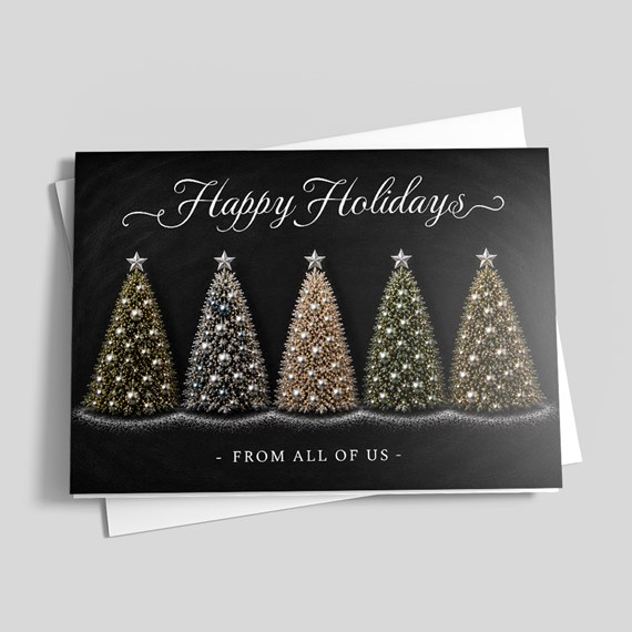 holiday card with Christmas trees and text