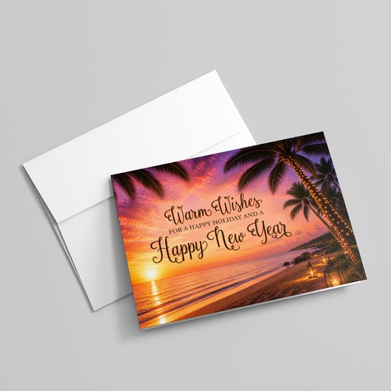 tropical beach sunset card with text overlay