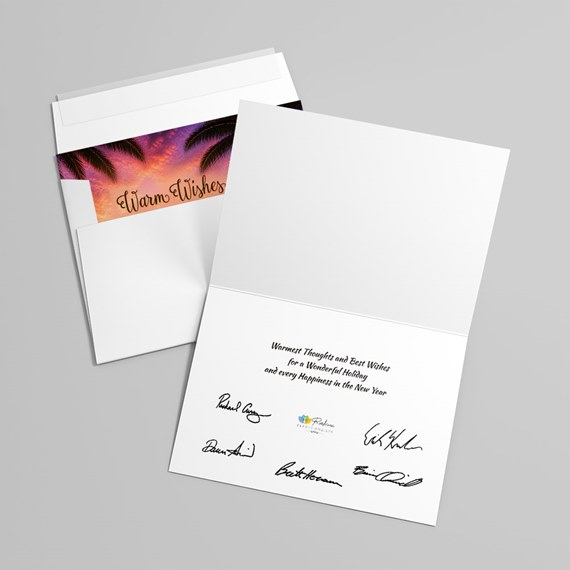 colorful greeting card with palm trees and warm wishes