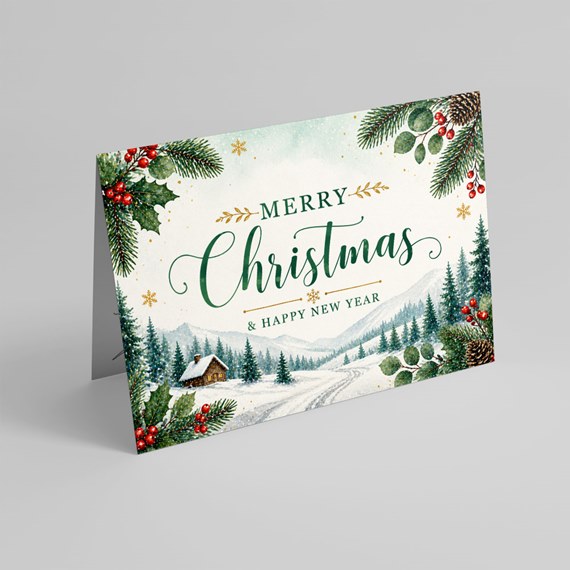 festive greeting card with winter landscape and text