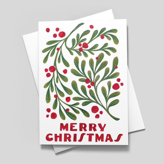 Merry Christmas card with leaves and berries