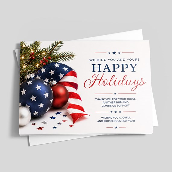 holiday card with ornaments and text