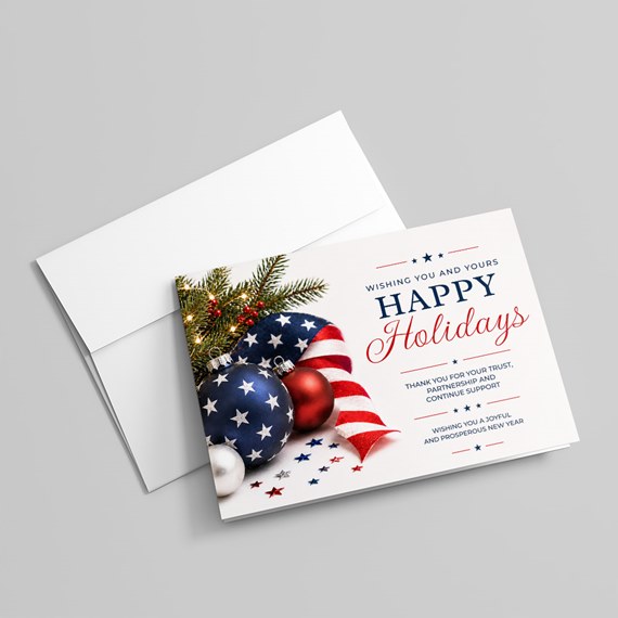 holiday card with ornaments and text