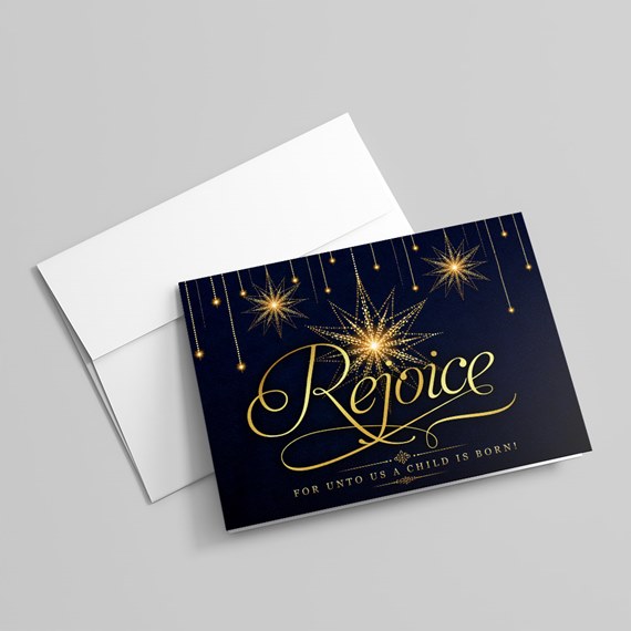 greeting card with star motifs and gold text, photo placeholder