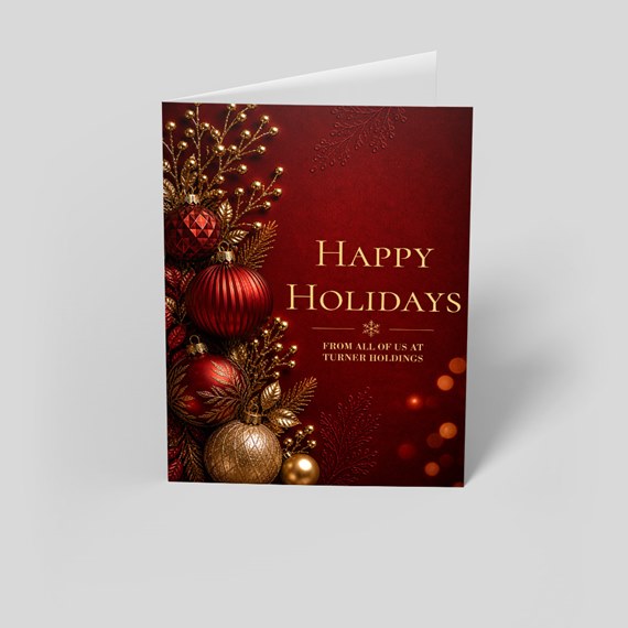 holiday card with ornaments and greeting
