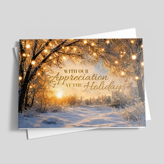 greeting card with winter scene and lights, customizable text area