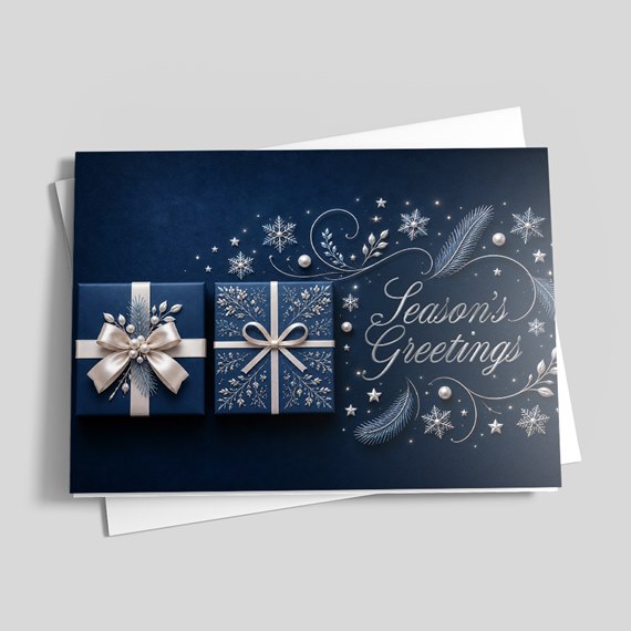 season's greetings card with decorative gifts and snowflakes