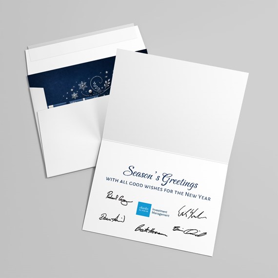 greeting card with blue design and text
