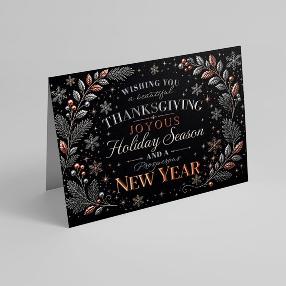 holiday greeting card with floral design and photo placeholder