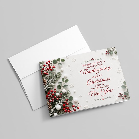 holiday card with greenery and berries, customizable text area