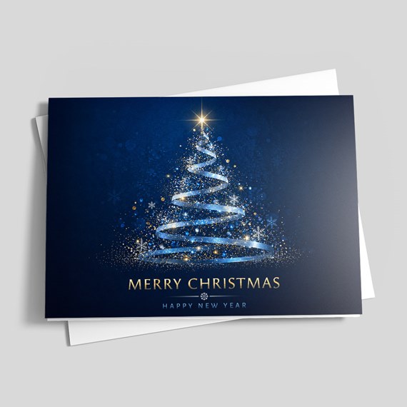 Christmas greeting card with tree design and gold text