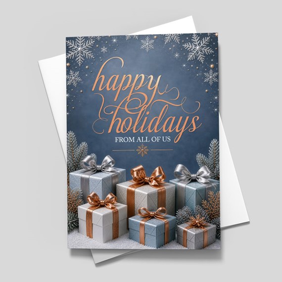 holiday card with gift boxes and snowflakes