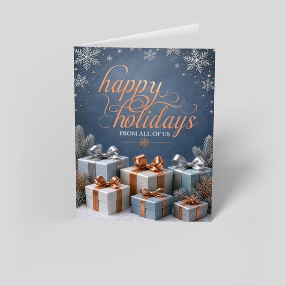 holiday card with gift boxes and snowflakes
