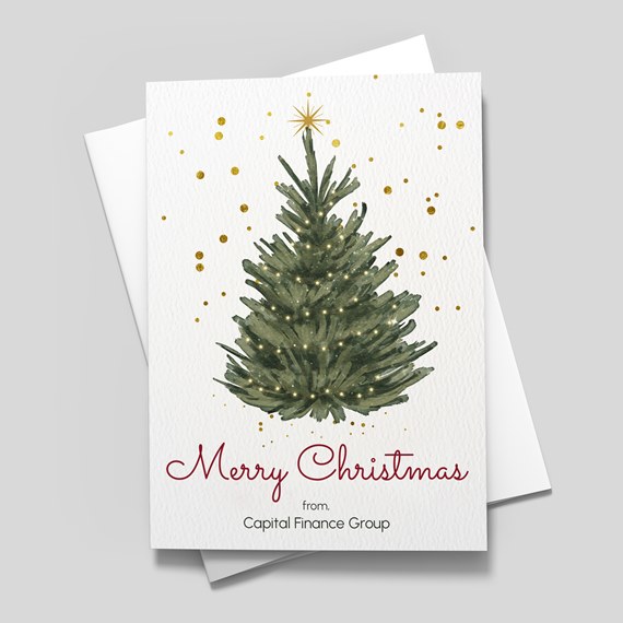 Christmas card with green tree, gold accents, and red text
