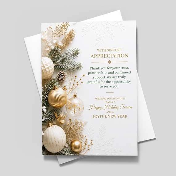 holiday card with gold and white decorations, photo area, customizable text area