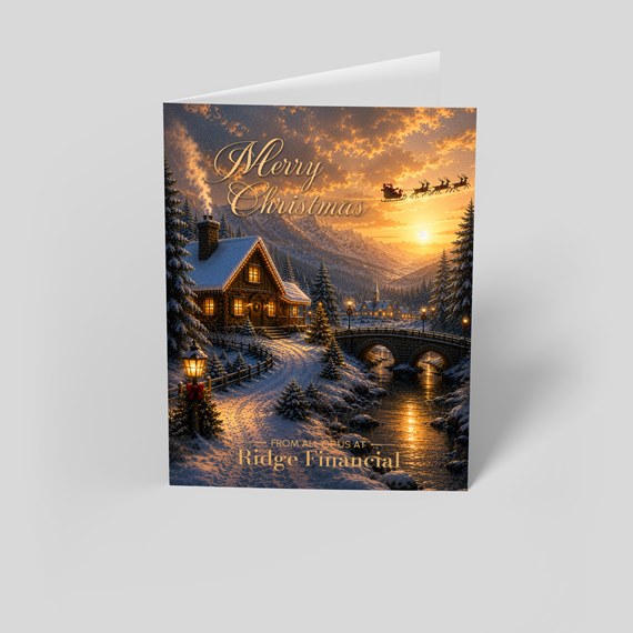 winter scene with cabin, trees, bridge, and sleigh; photo area