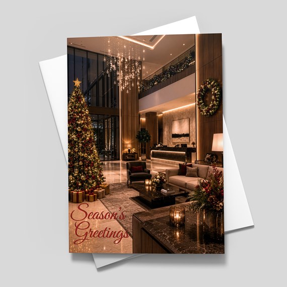 holiday greeting card with Christmas tree and elegant interior