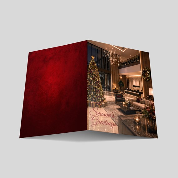 holiday card with interior scene and text