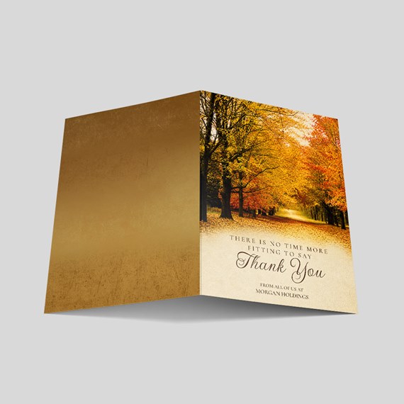 folded card with autumn landscape and thank you message