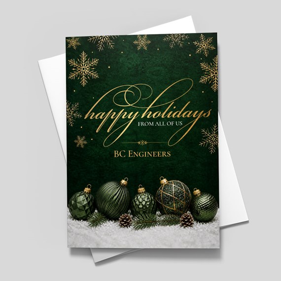 holiday card with ornaments and snowflakes