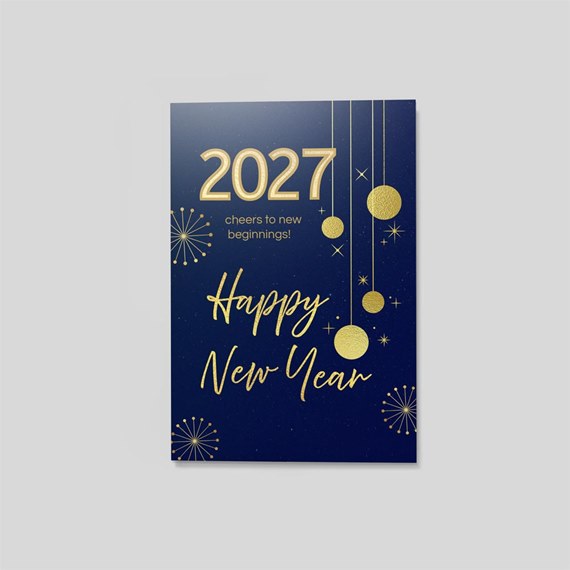 navy blue card with gold text and decorative elements