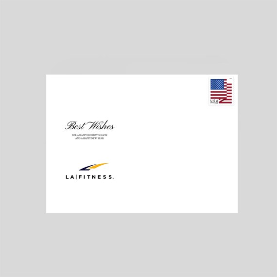 white envelope with holiday wishes and logo placeholder