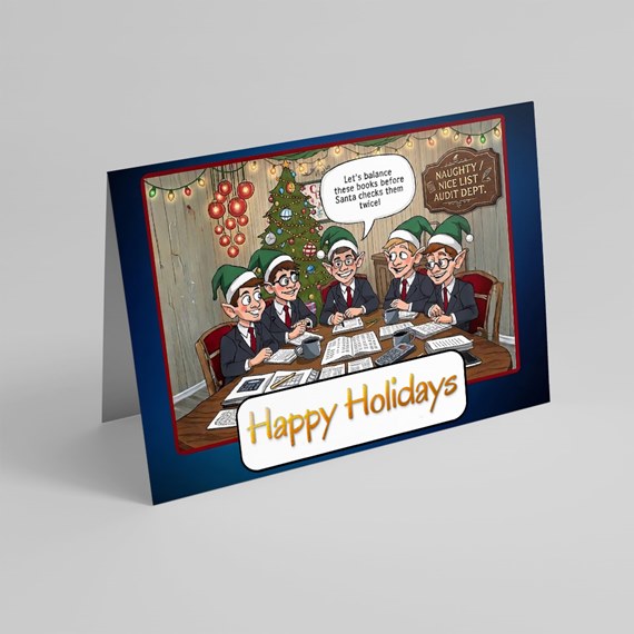 cartoon elves in suits, holiday theme, happy holidays text