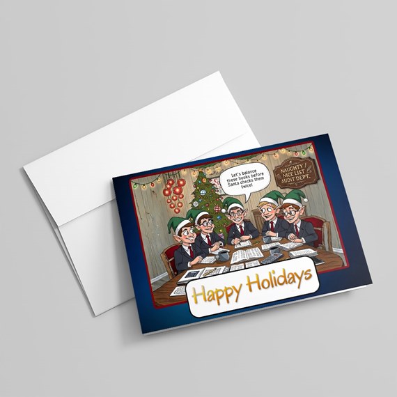 holiday card with cartoon elves and text