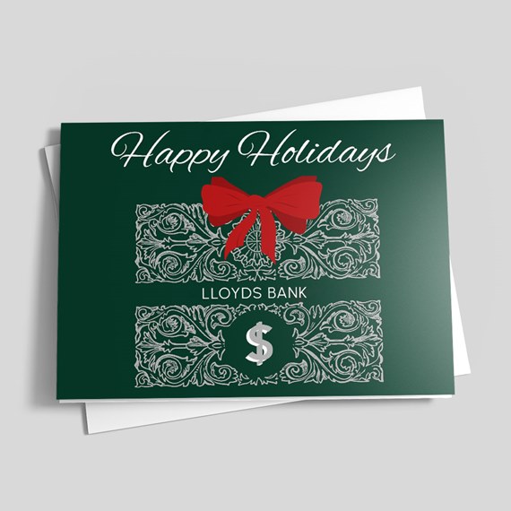 holiday card with red bow and dollar sign