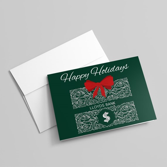 holiday card with bow and ornate currency design