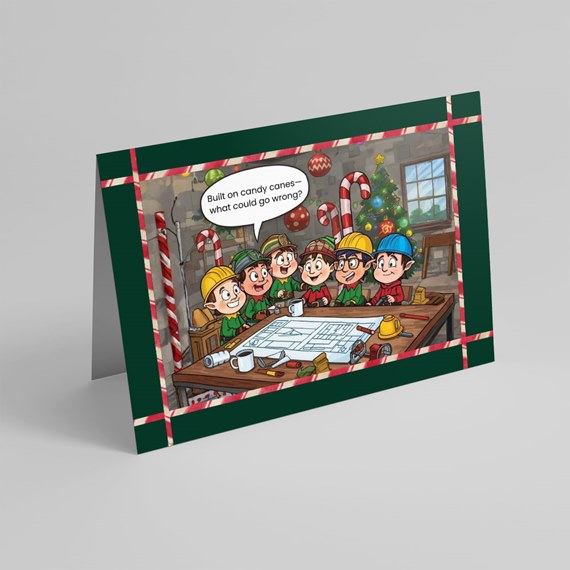 cartoon elves at a table with blueprints and candy canes, decorative border