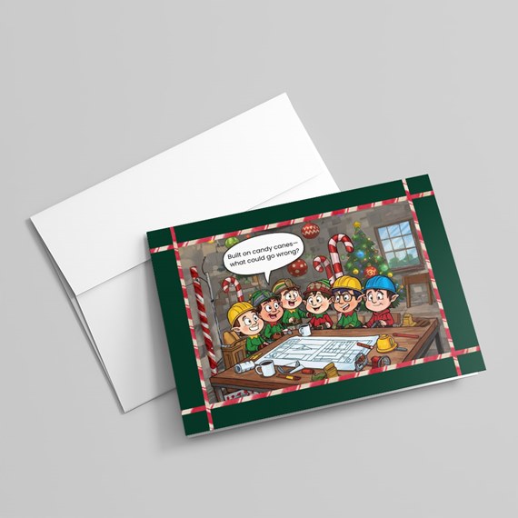 illustration of children with blueprints and candy canes, holiday theme