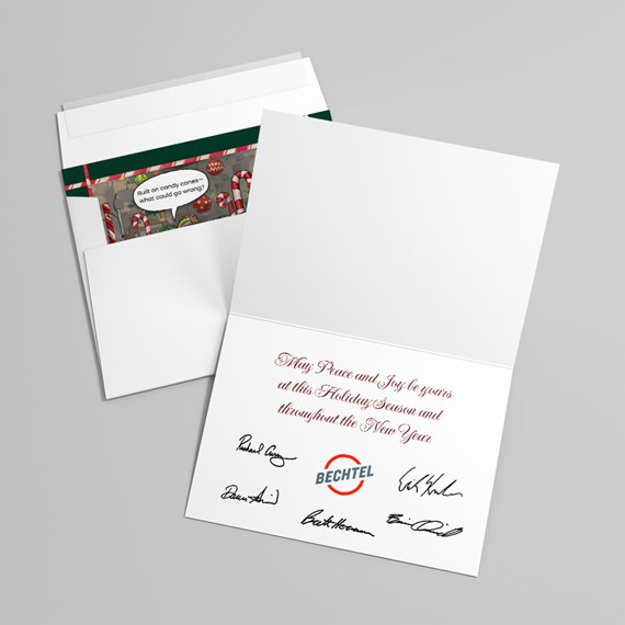 holiday card with colorful candy design and text