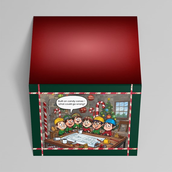 gift box with elf workshop illustration and speech bubble