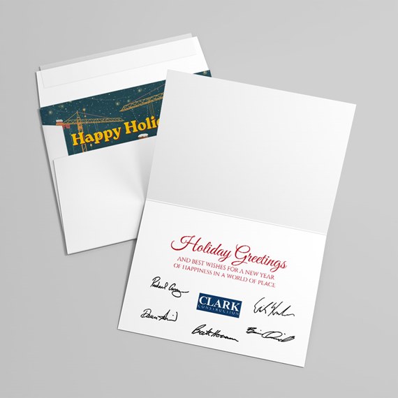 holiday greeting card with blue background and yellow text, customizable text area