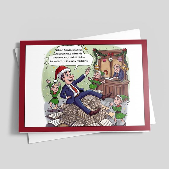 cartoon scene with man and elves in festive office