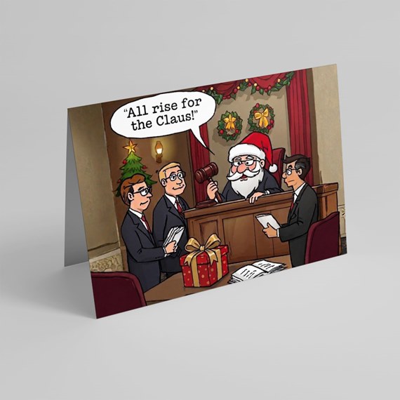 courtroom scene with Santa Claus and three men