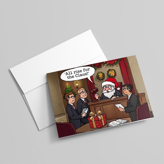 cartoon scene with Santa as judge and three men in suits, speech bubble