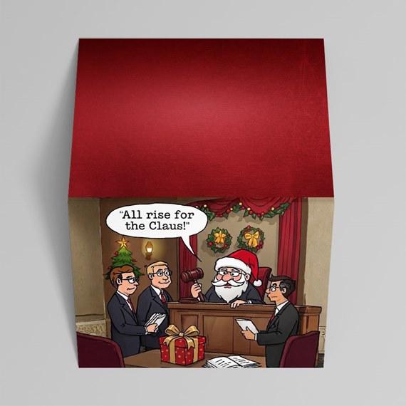 courtroom scene with Santa Claus, humorous illustration, photo placeholder
