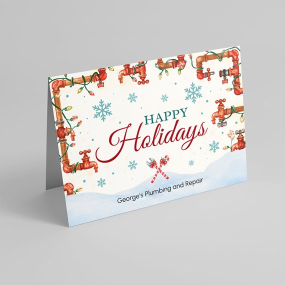 holiday card with pipes and snowflakes, customizable text area