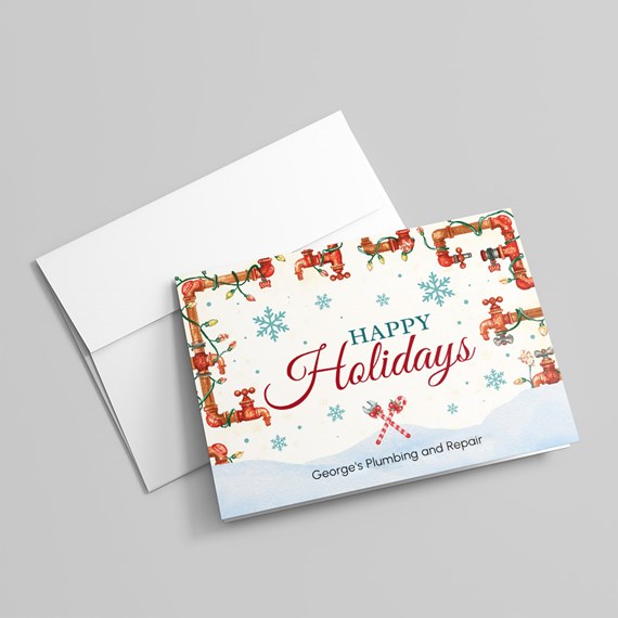 holiday card design with festive illustrations and text