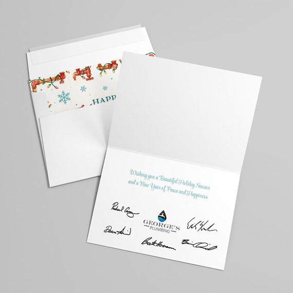 open greeting card with festive design and text