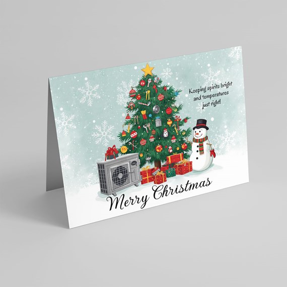 Christmas card with tree, snowman, gifts, and air conditioning unit