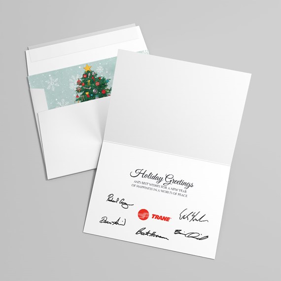 holiday greeting card with Christmas tree design and customizable text area