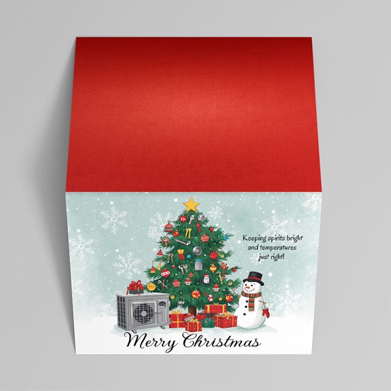 Christmas card with tree, snowman, gifts and air conditioning unit