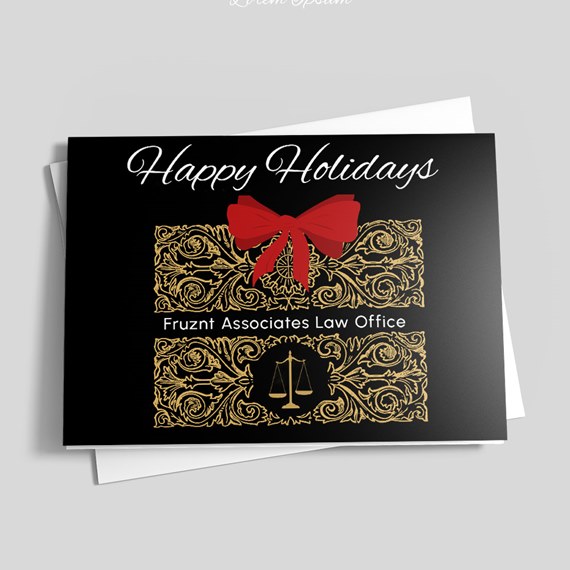black card with gold designs and red bow, photo area