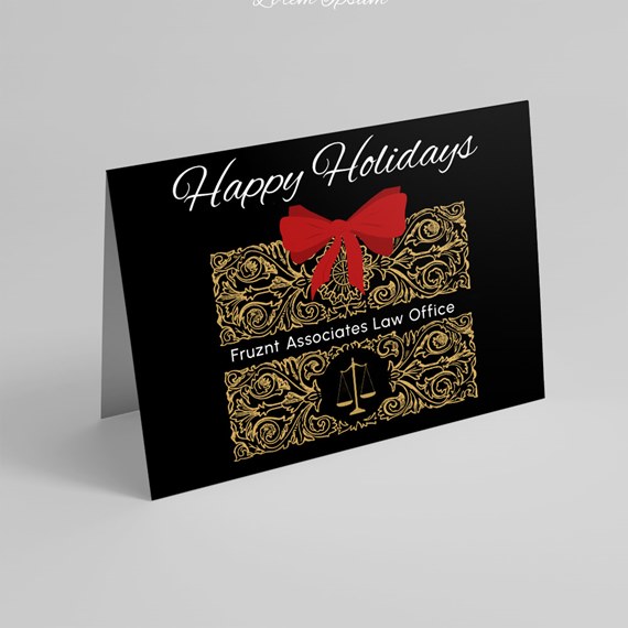 black card with red bow and gold designs, photo area