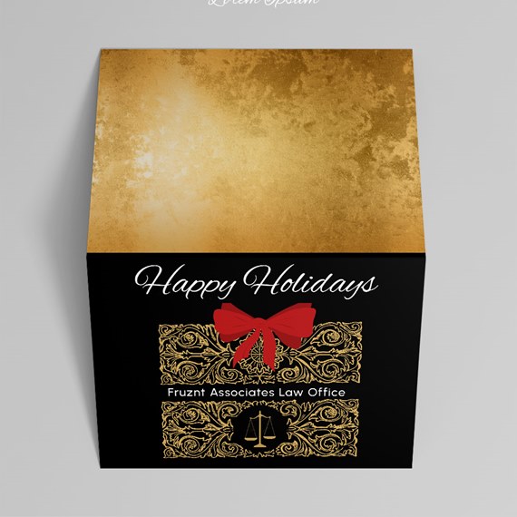 decorative card design with gold and black colors, red bow, and ornate patterns